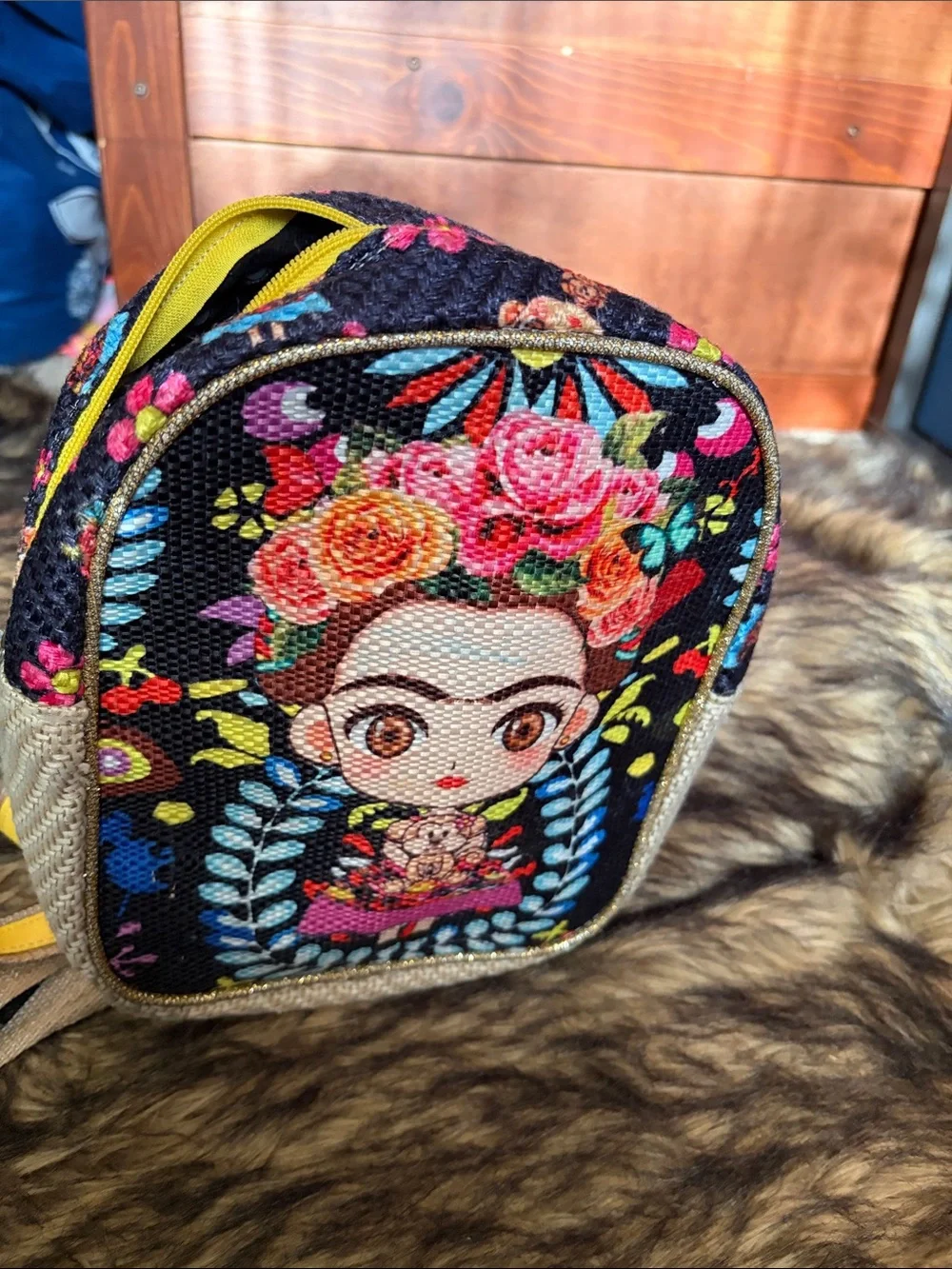 Mexican Artist Frida Kahlo Mini Backpack Animated Female Floral Yellow Woven